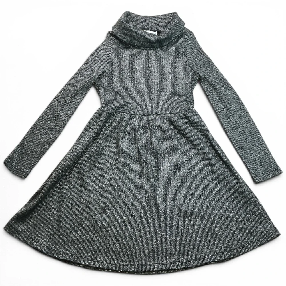 Rare Editions Silver Metallic Cowl Neck Dress Kids Size 12 Shimmer Long Sleeve